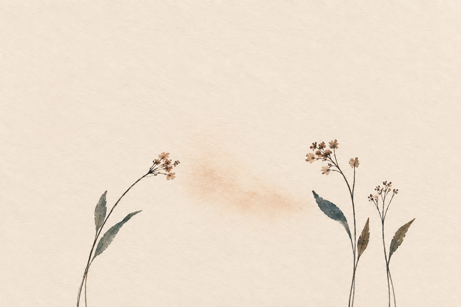 Original KIN watercolor of one slender stem bending toward two others through a fading copper wash.
