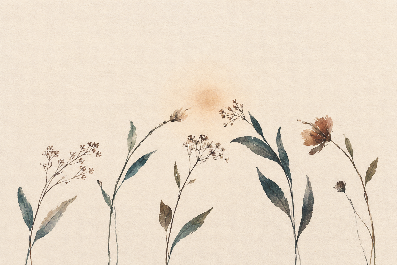 Original KIN watercolor of wild stems bending toward a shared opening of light.